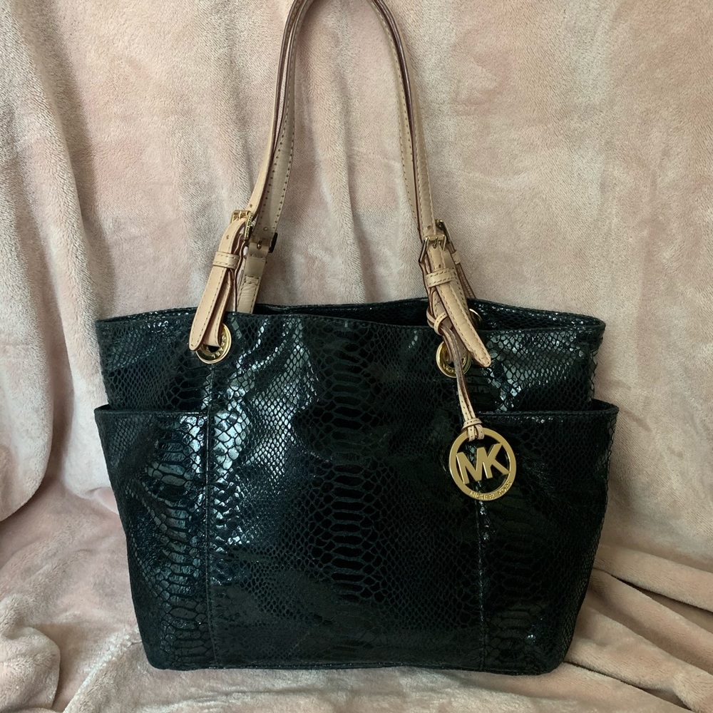 Michael Kors black python jet set zip top tote bag